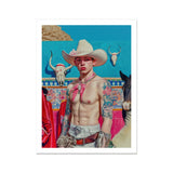 Emilio - Lowbrow Cowboy Pop Art Print, Shirtless Cowboy Pink Hat Colorful Accessories Vibrant Backdrop