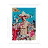 Emilio - Lowbrow Cowboy Pop Art Print, Shirtless Cowboy White Hat Pink Bandana Decorative Belt