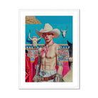 Emilio - Lowbrow Cowboy Pop Art Print, Shirtless Cowboy White Hat Pink Bandana Decorative Belt