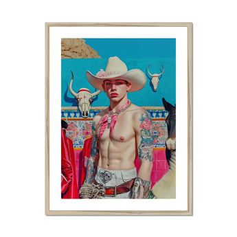 Emilio - Lowbrow Cowboy Pop Art Print, Shirtless Cowboy White Hat Pink Bandana Southwestern-themed Backdrop