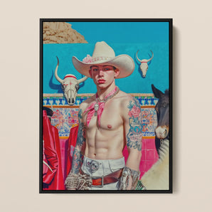 Emilio - Lowbrow Cowboy Pop Framed Canvas, Framed Painting Shirtless Cowboy