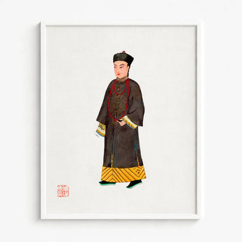 Framed Illustration Person Traditional Chinese Attire Dark Robe Qing Dynasty Manchu, Fashion Art, Bureaucratic Finesse