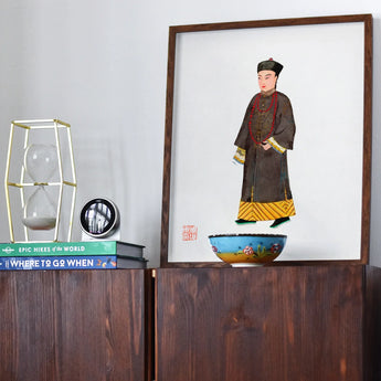 Emperor’s Courtier - Qing Dynasty Fashion Art Print, Framed Traditional Chinese Portrait Artwork Figure Formal Brown