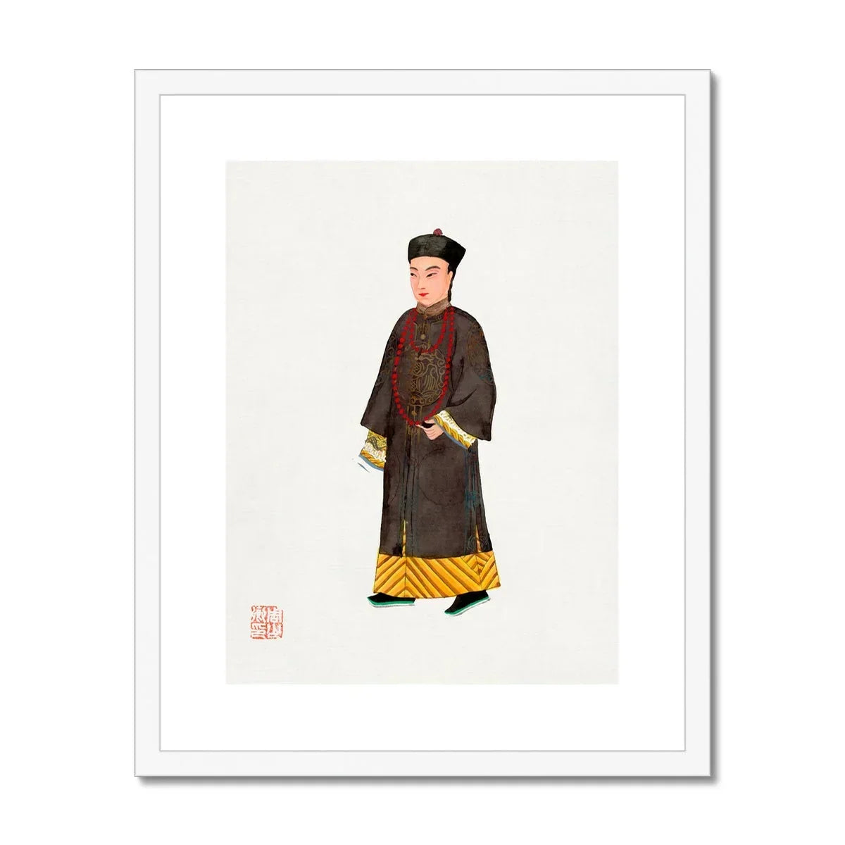 Emperor’s Courtier Qing Dynasty Fashion Art Print, Traditional Chinese Portrait Painting Figure Dark Brown Robe