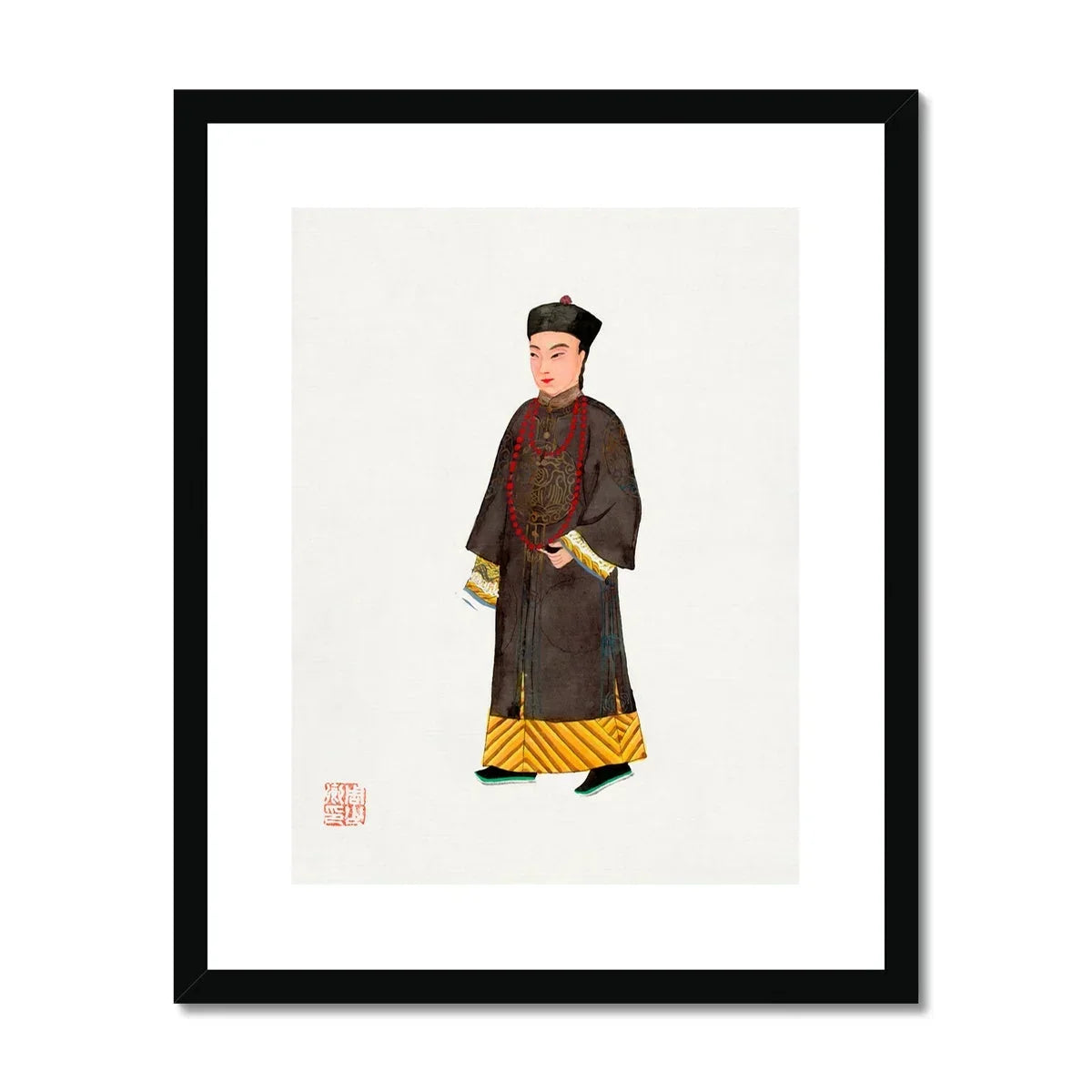 Emperor’s Courtier Qing Dynasty Fashion Art Print, Traditional Chinese Portrait Painting Figure Dark Brown Robe