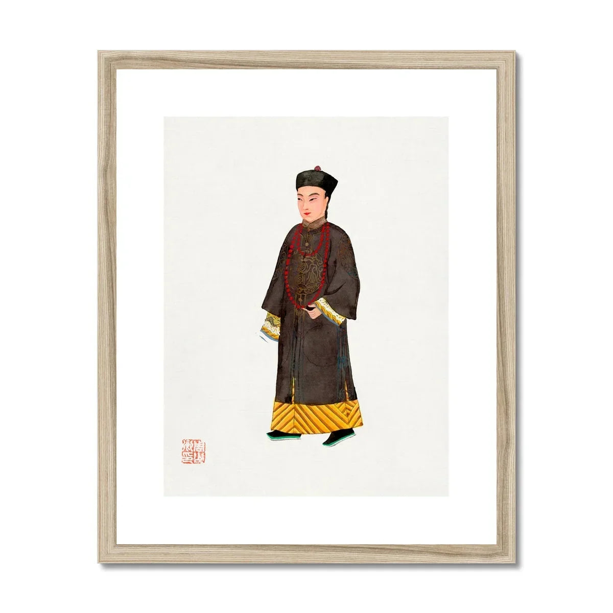 Emperor’s Courtier Qing Dynasty Fashion Art Print, Traditional Chinese Portrait Painting Figure Dark Robe Yellow