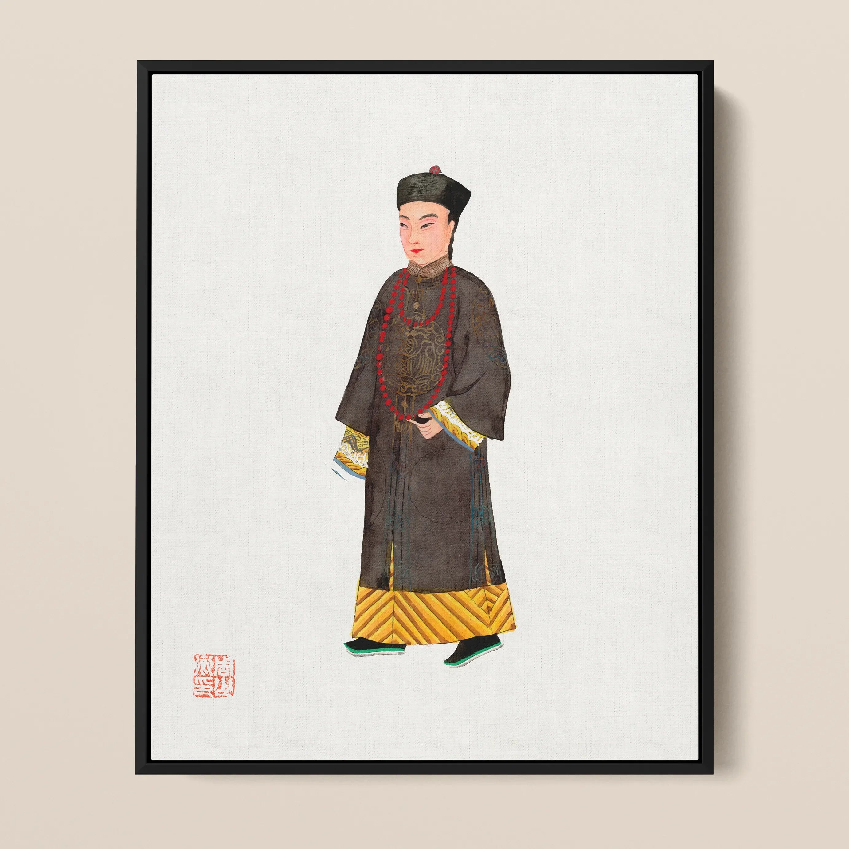 Emperor’s Courtier Qing Dynasty Framed Canvas, Portrait Chinese Official Nobleman Traditional Attire Framed Mounted