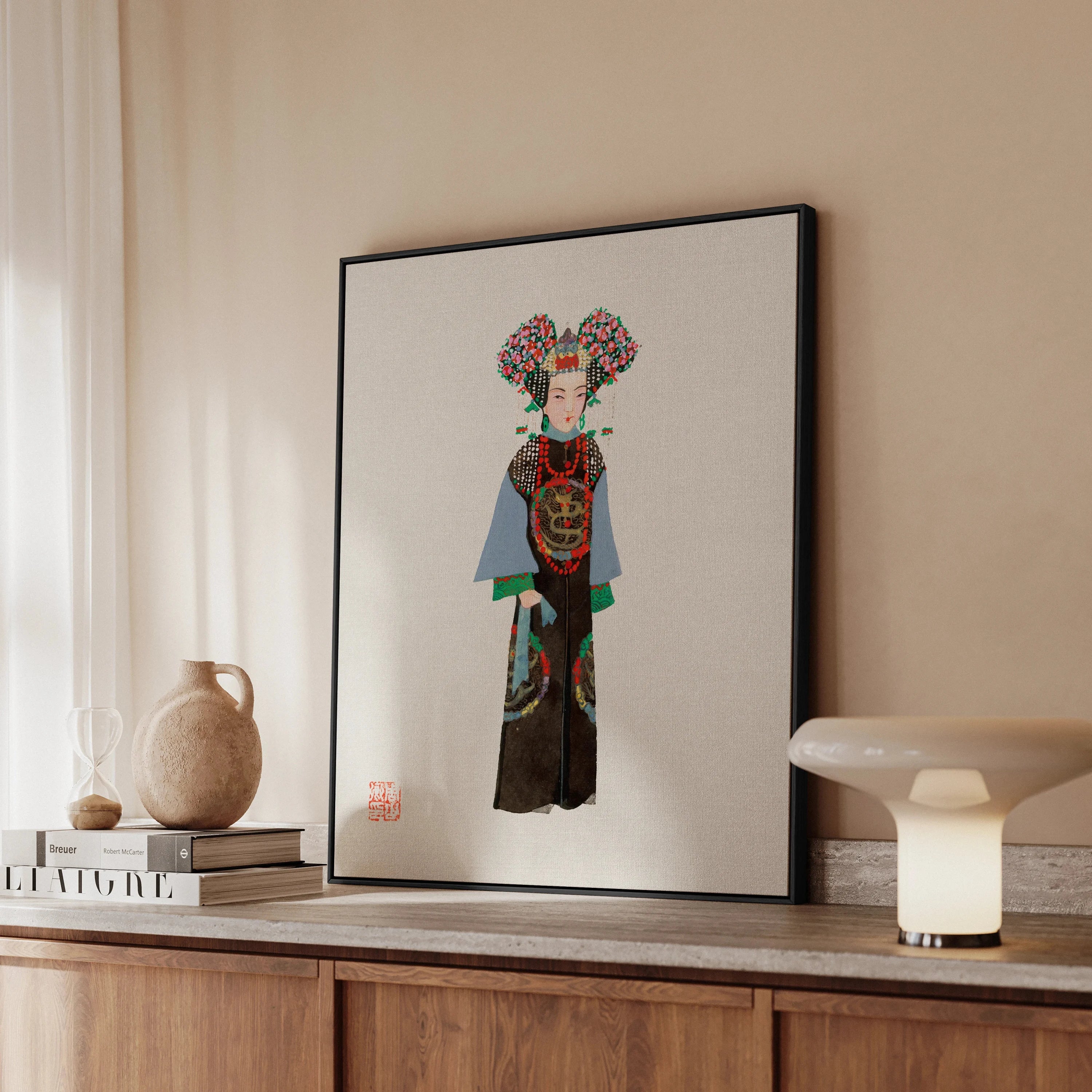 Empress Qing Dynasty Fashion Art Framed Canvas, Framed Artwork Chinese Opera Character Traditional Costume Ornate