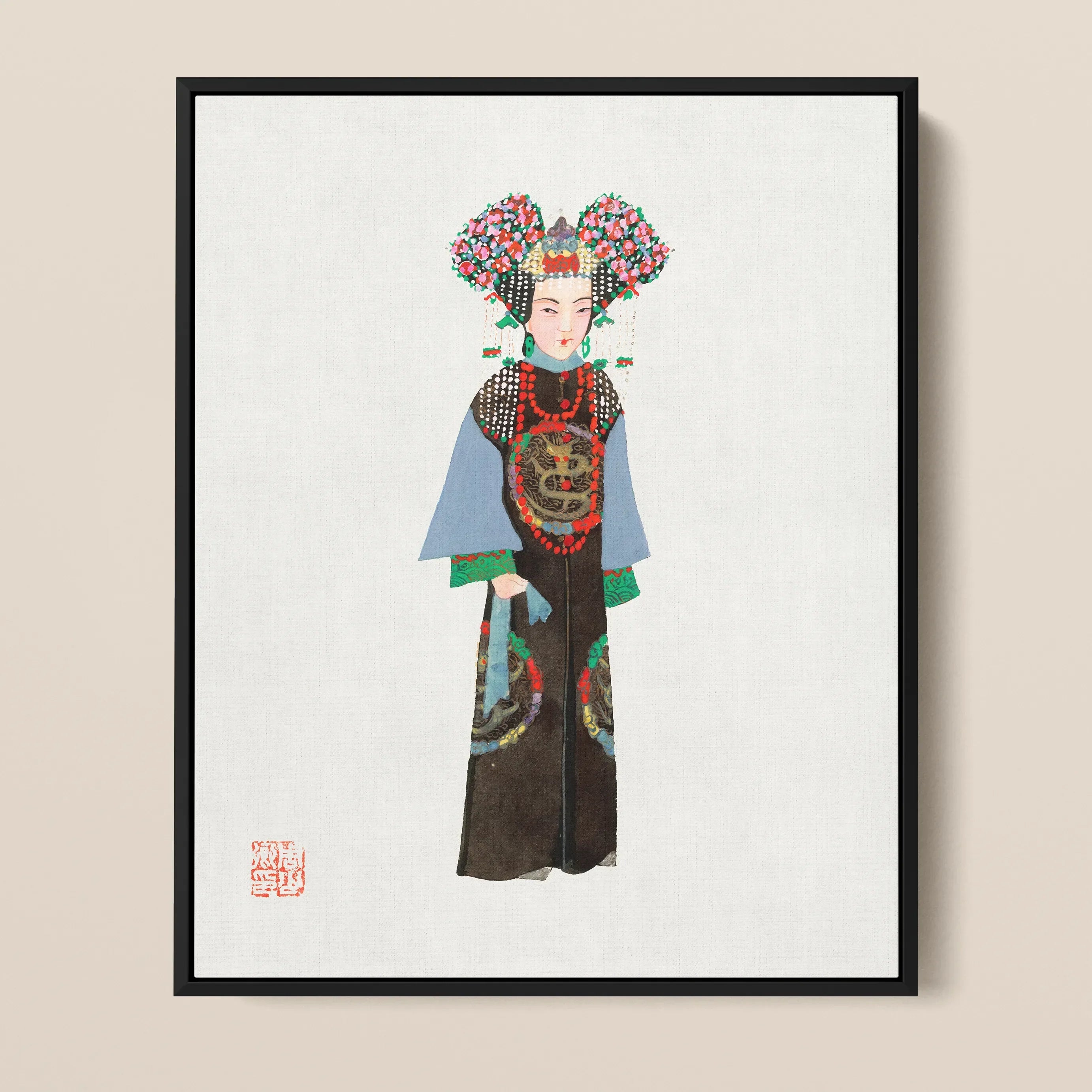 Empress Qing Dynasty Fashion Art Framed Canvas, Illustration Woman Traditional Chinese Opera Costume Elaborate Floral