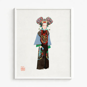 Framed Illustration Traditional Chinese Imperial Woman Ornate Multi-colored Qing Dynasty Pageantry, Manchu Fashion Art, Costumes