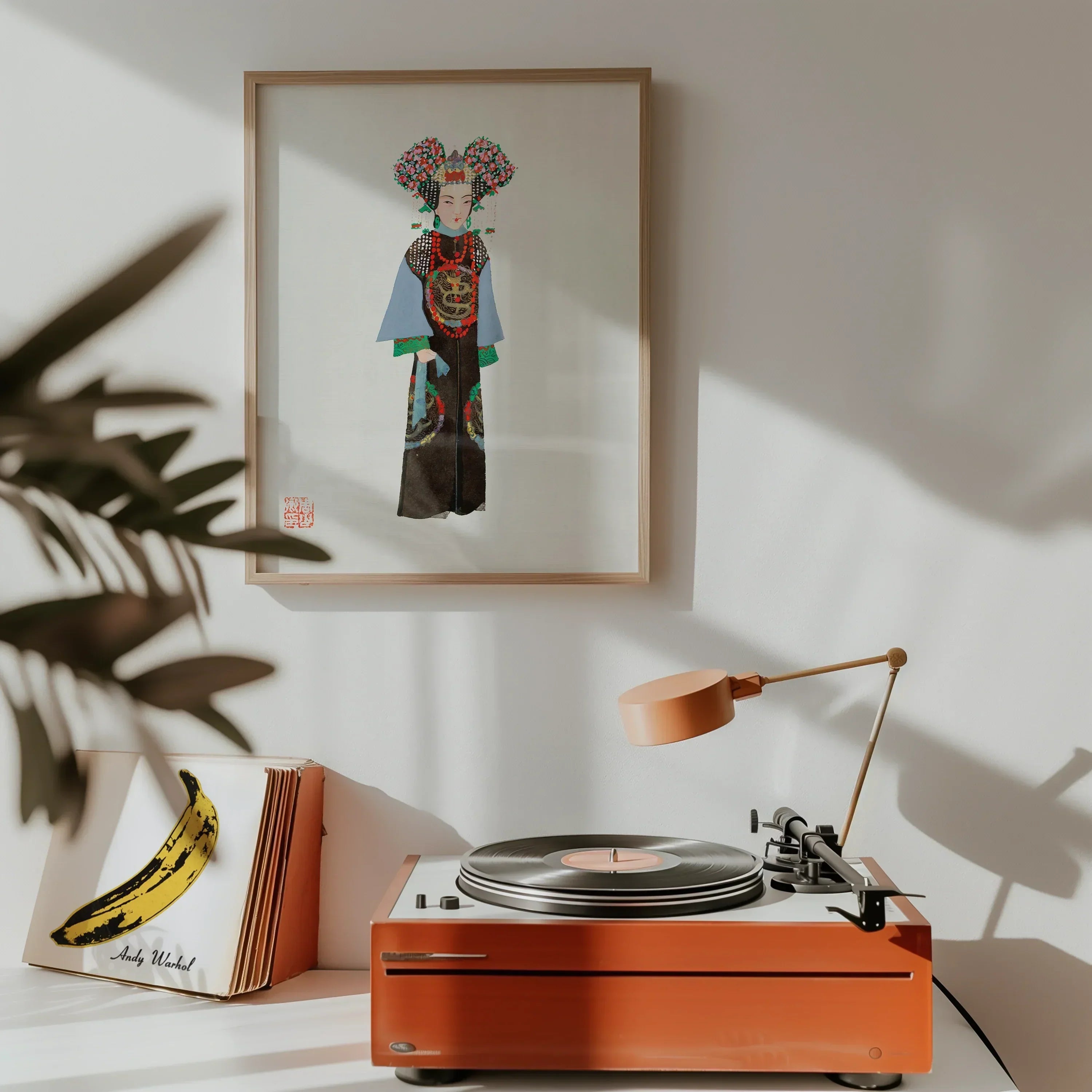 Empress - Qing Dynasty Fashion Art Print, Orange Turntable Copper-colored Desk Lamp Positioned