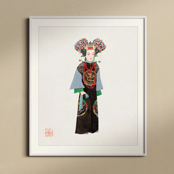 Empress - Qing Dynasty Fashion Art Print, Traditional Chinese Opera Character Illustration Ornate Black Robe