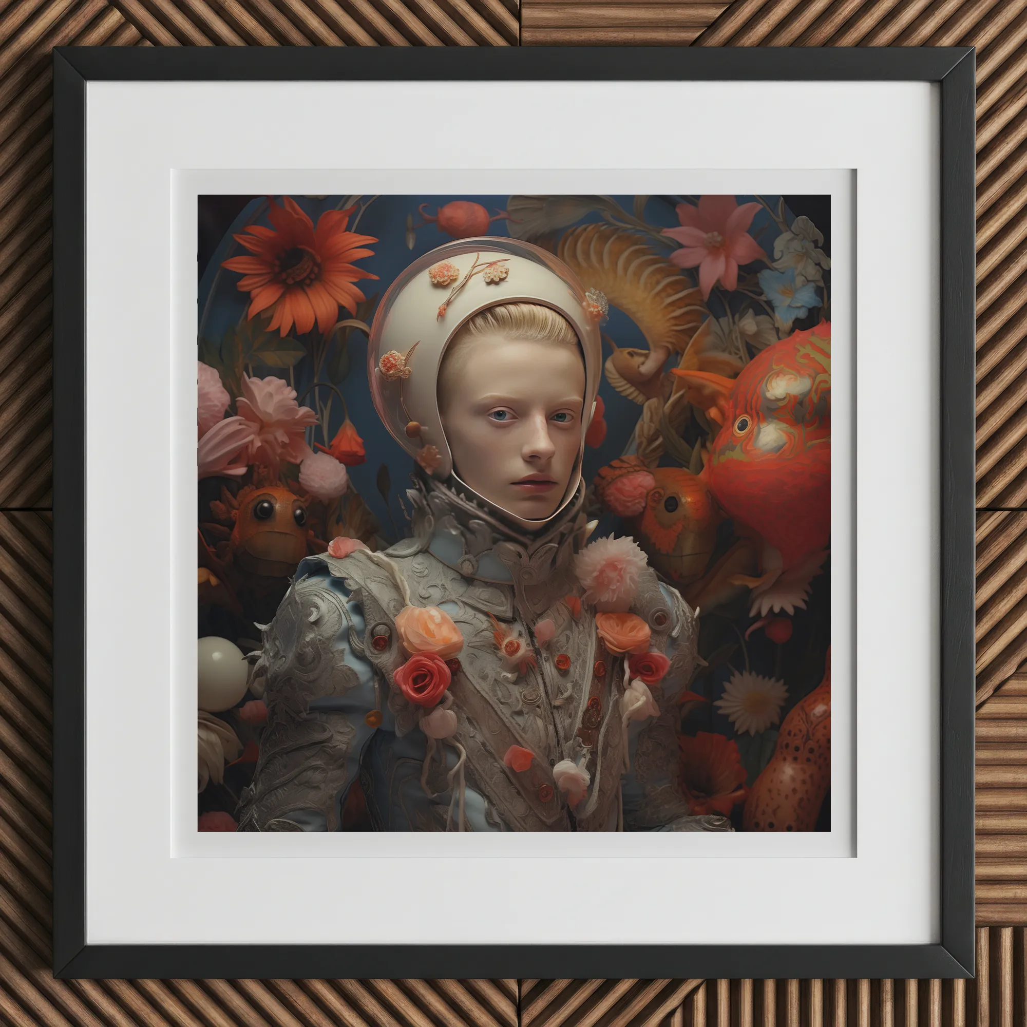 Enfant Terrible - Surreal Camp Art Print, 12x12’’ / 31x31cm / Black Frame / 2’’ Matboard, Framed Print Person Floral Astronaut Suit