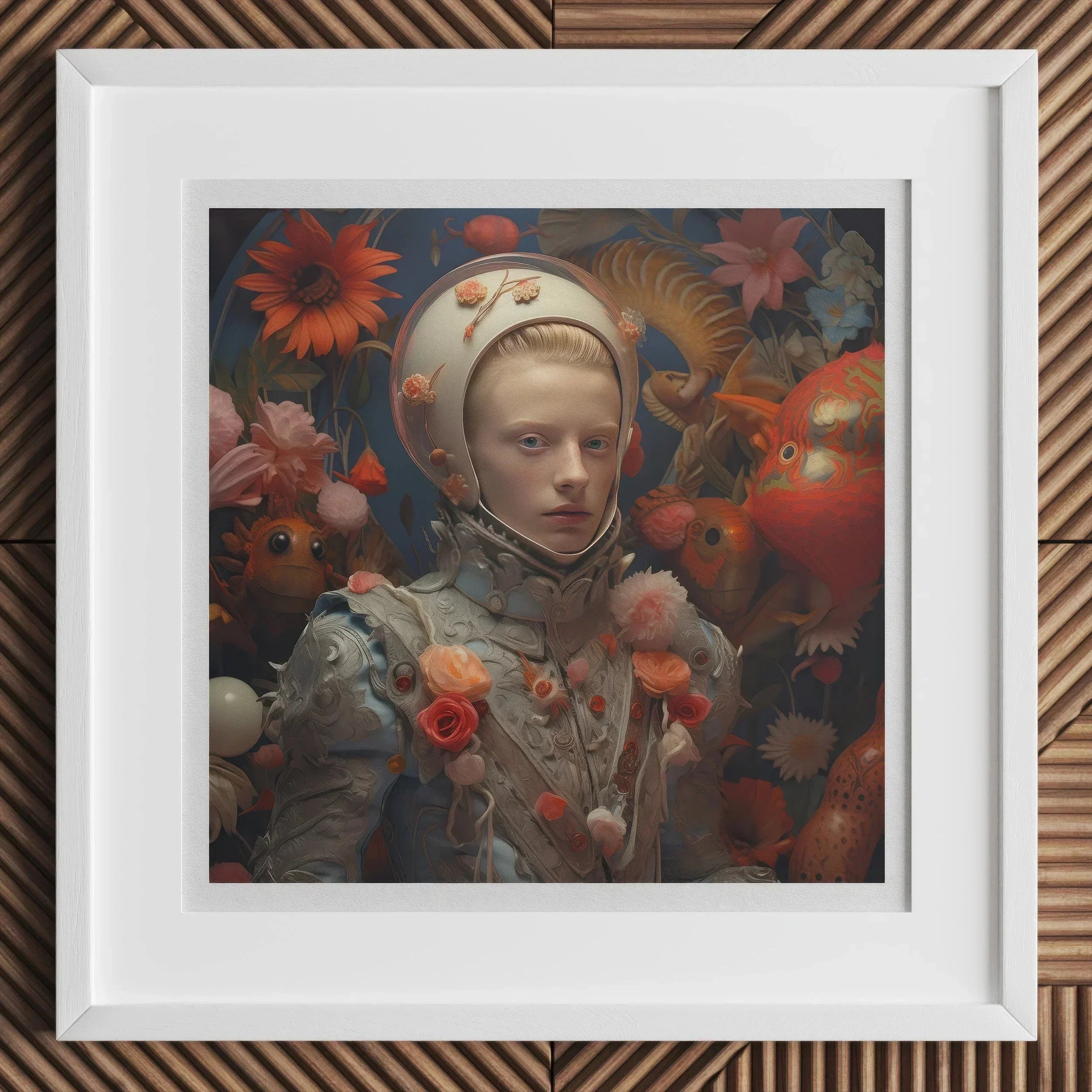 Enfant Terrible - Surreal Camp Art Print, 12x12’’ / 31x31cm / White Frame / 2’’ Matboard, Framed Surrealist Portrait Person Spacesuit-like