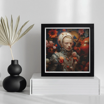 Enfant Terrible - Surreal Camp Art Print, Framed Portrait Figure Surrounded Vibrant Red Flowers Celestial