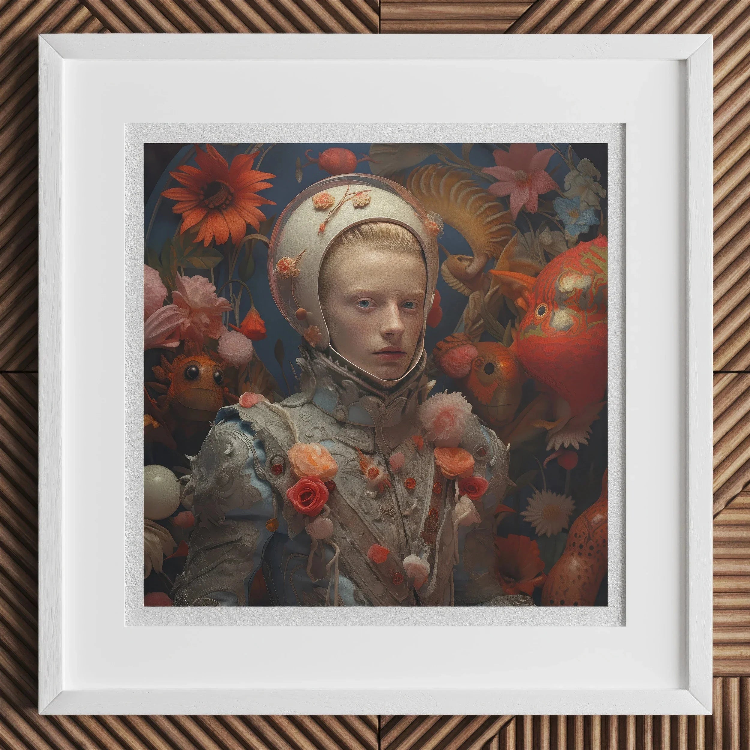 Enfant Terrible - Surreal Camp Art Print, Framed Surrealist Portrait Person Spacesuit-like Outfit Surrounded Colorful