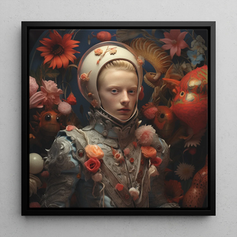 Enfant Terrible - Surreal Camp Fantasy Framed Canvas, 12x12’’ / 31x31cm / Black Floating Frame, Framed Portrait Person Floral-adorned Armor