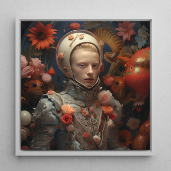 Enfant Terrible - Surreal Camp Fantasy Framed Canvas, 12x12’’ / 31x31cm / White Floating Frame, Floral-adorned Space Knight