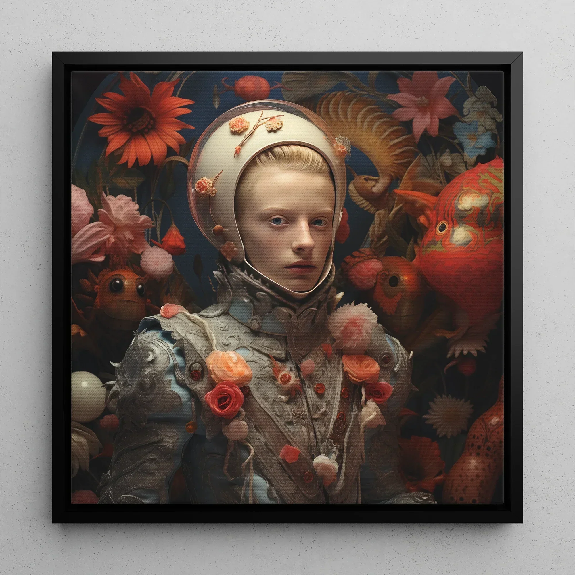 Enfant Terrible - Surreal Camp Fantasy Framed Canvas, 12’’x12’’ / Black Floating Frame, Framed Portrait Person Floral-adorned Armor