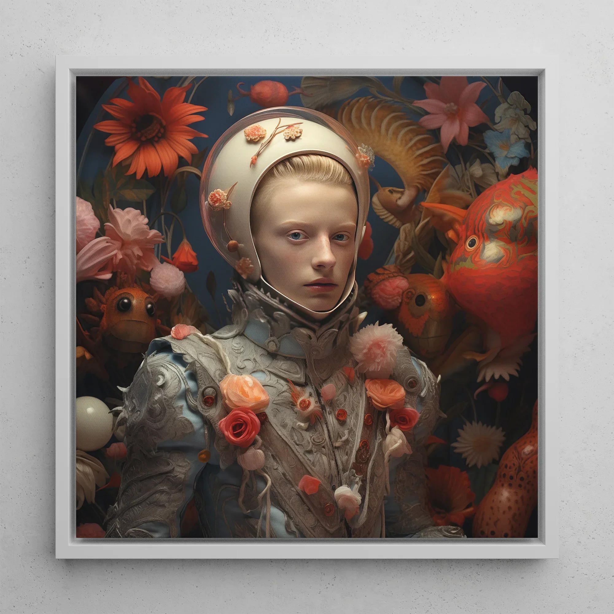 Enfant Terrible Surreal Camp Fantasy Framed Canvas, 12’’x12’’ / White Floating Frame, Floral Adorned Space Knight