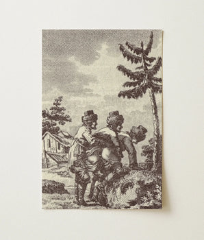 Black-and-white Engraved Print Two Figures Historical Attire Outdoors Sade Art, Bare Clearing, Bodies Arranged