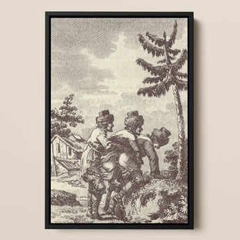 Engraving from the New Justine - Marquis De Sade Framed Canvas, 12x18’’ / 31x46cm / Black Floating Frame, Framed Sepia-toned Three Figures