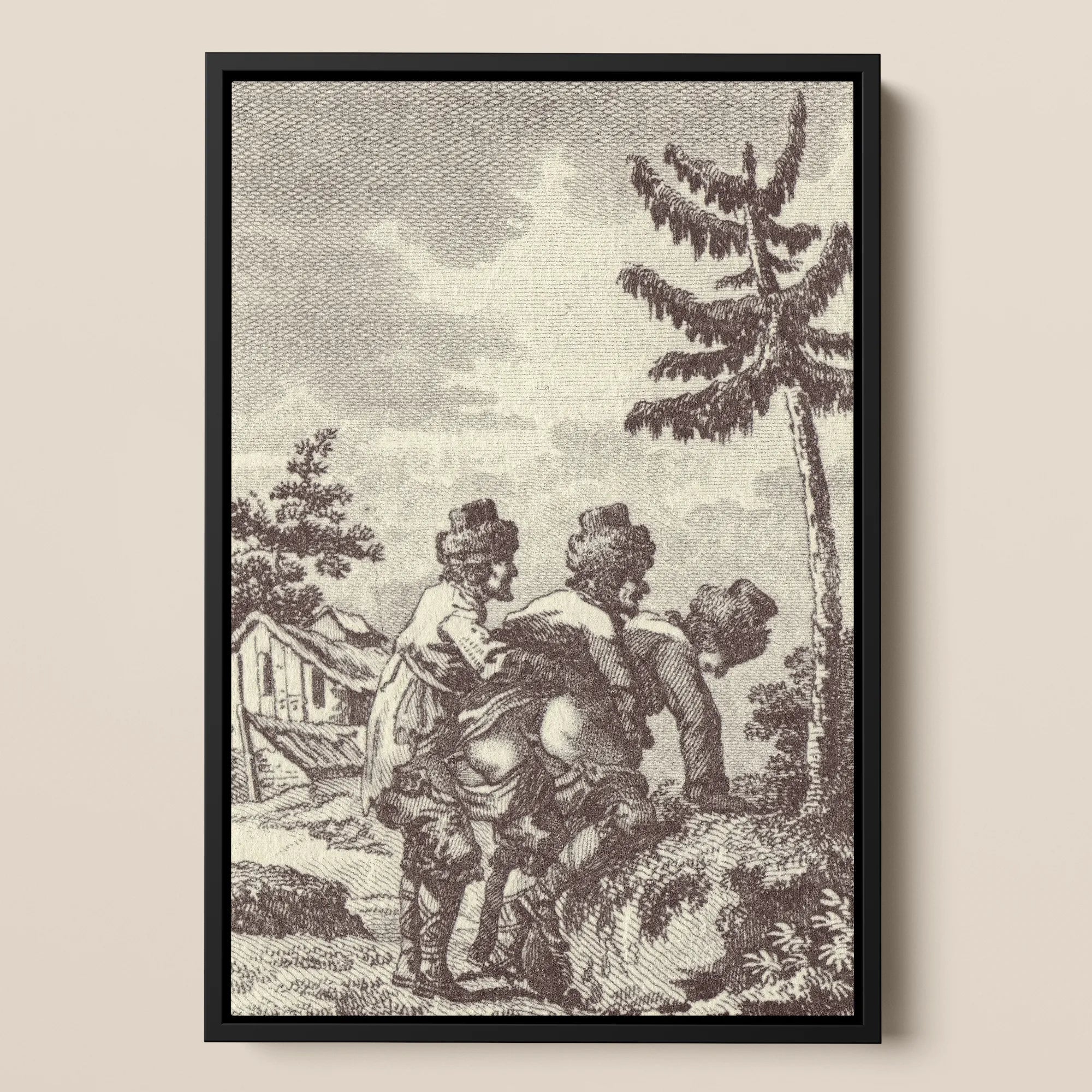 Engraving from the New Justine - Marquis De Sade Framed Canvas, 12x18’’ / 31x46cm / Black Floating Frame, Framed Sepia-toned Three Figures