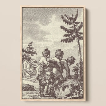 Engraving from the New Justine - Marquis De Sade Framed Canvas, 12x18’’ / 31x46cm / Natural Floating Frame, Framed Three Figures Rural