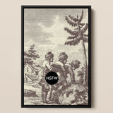 Engraving from the New Justine - Marquis De Sade Framed Canvas, Framed Antique-style Print Rural Scene Figures Cabin Trees