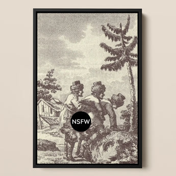 Engraving from the New Justine - Marquis De Sade Framed Canvas, Framed Antique-style Print Rural Scene Figures Cabin Trees