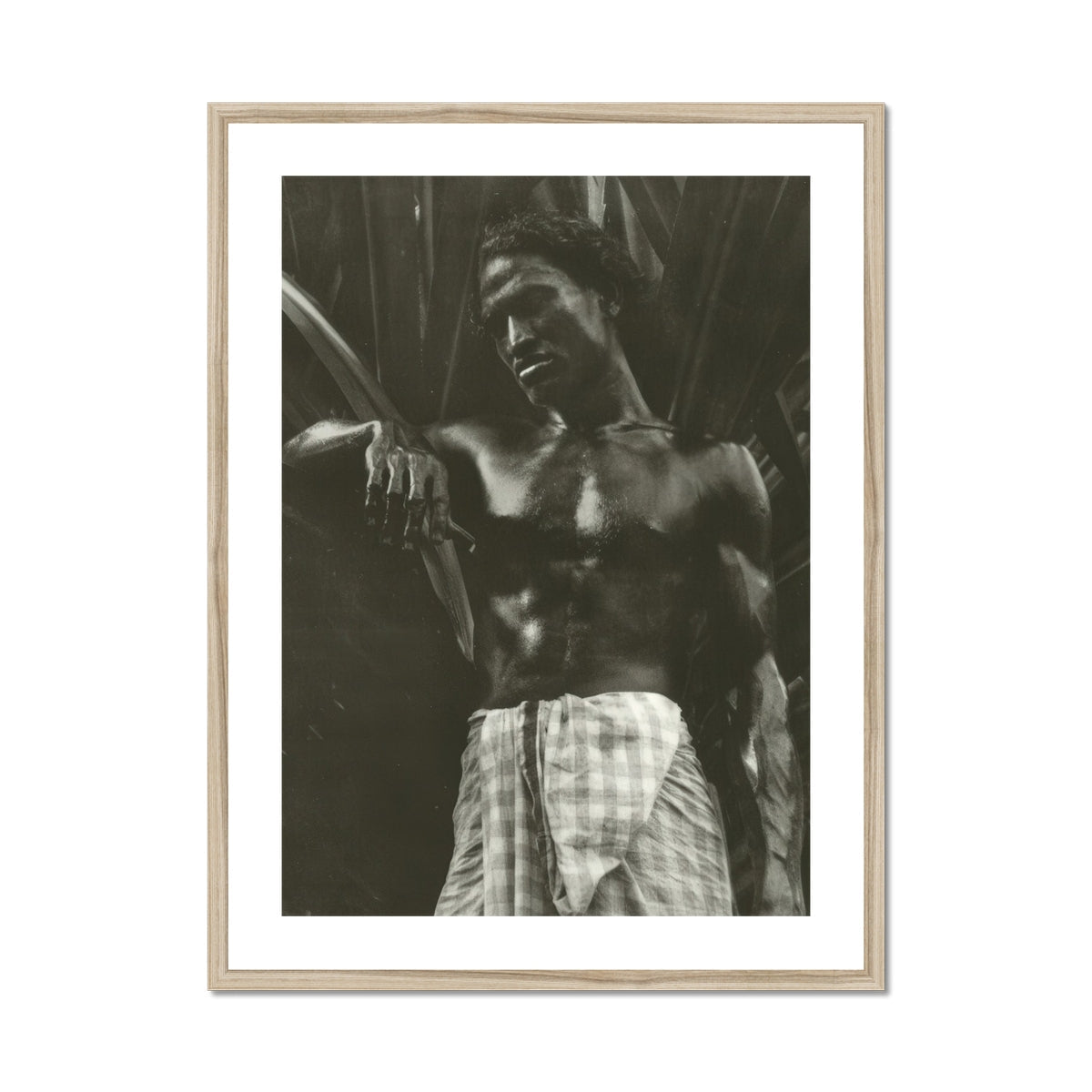 Ennui Lionel Wendt Art Print, Framed Black White Photograph Shirtless Man Plaid Sarong