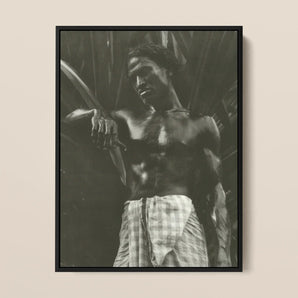 Ennui - Lionel Wendt Framed Canvas, Framed Black White Photograph Shirtless Man Checked Sarong