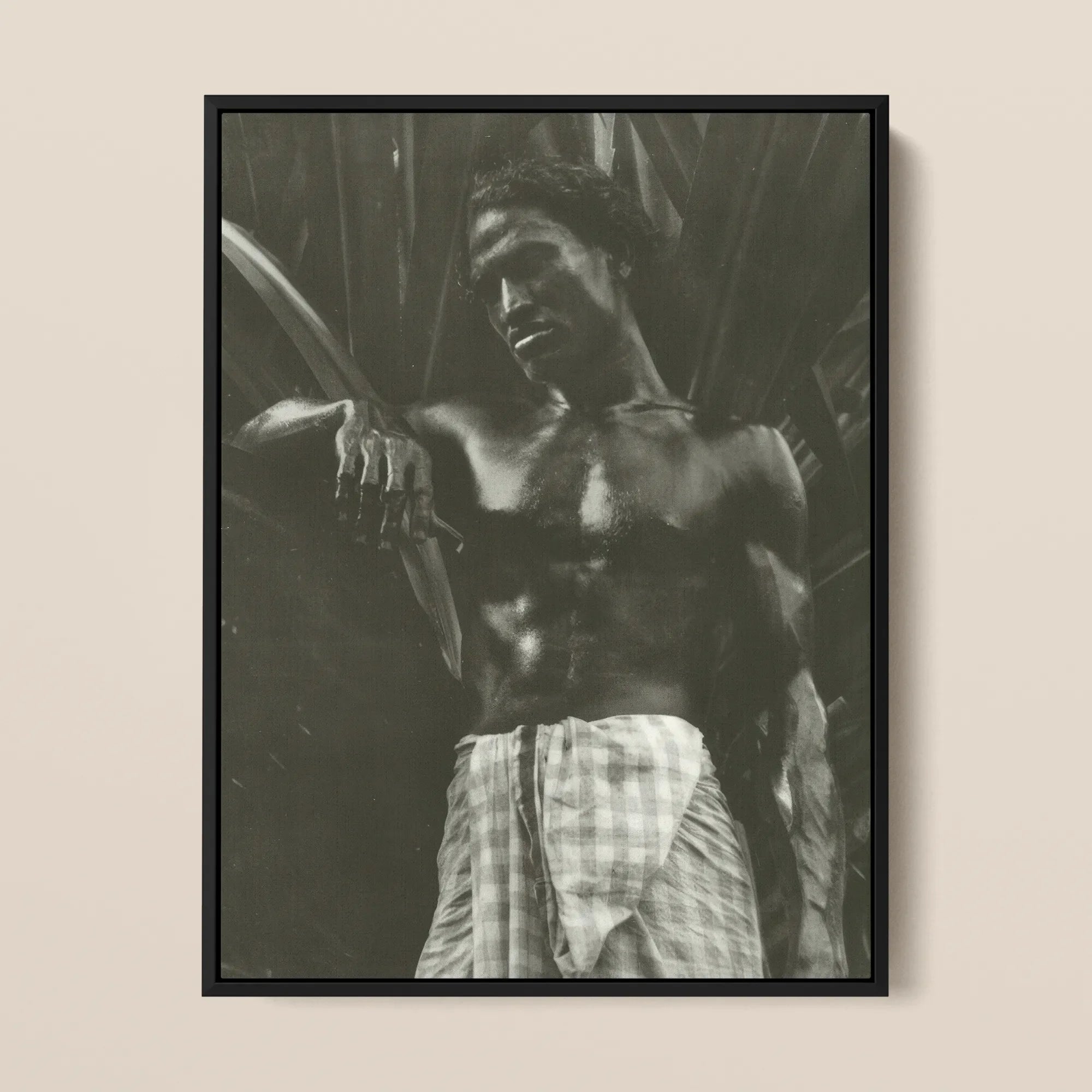 Ennui Lionel Wendt Framed Canvas, Framed Black White Photograph Shirtless Man Checked Sarong