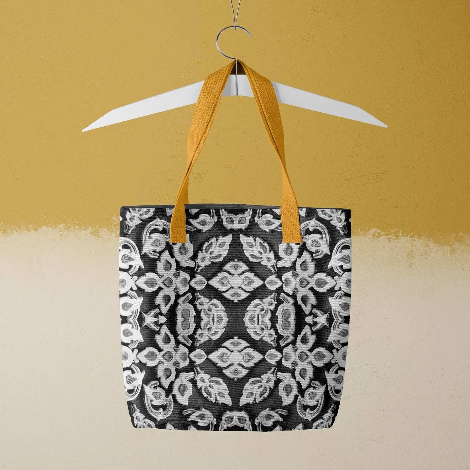 Ayodhya Tote - Black And White - Heavy Duty Reusable Grocery Bag - Yellow Handles - Shopping Totes - Aesthetic Art
