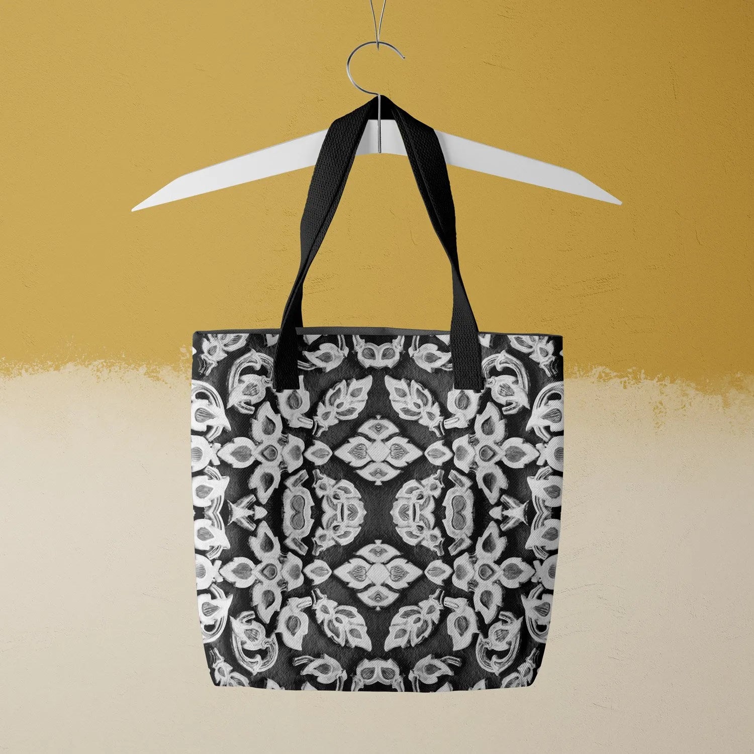 Ayodhya Tote - Black And White - Heavy Duty Reusable Grocery Bag - Black Handles - Shopping Totes - Aesthetic Art