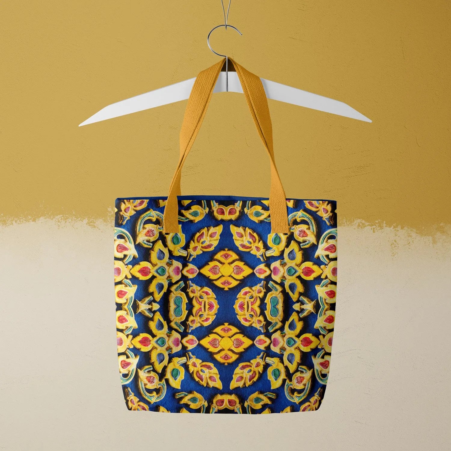 Ayodhya Tote - Heavy Duty Reusable Grocery Bag - Yellow Handles - Shopping Totes - Aesthetic Art