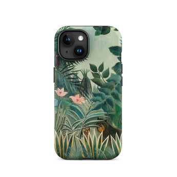 Equatorial Jungle - Henri Rousseau Phone Case Iphone 15 / Matte Jungle-themed Phone Case Lush Green Foliage Pink Flowers Henri Rousseau