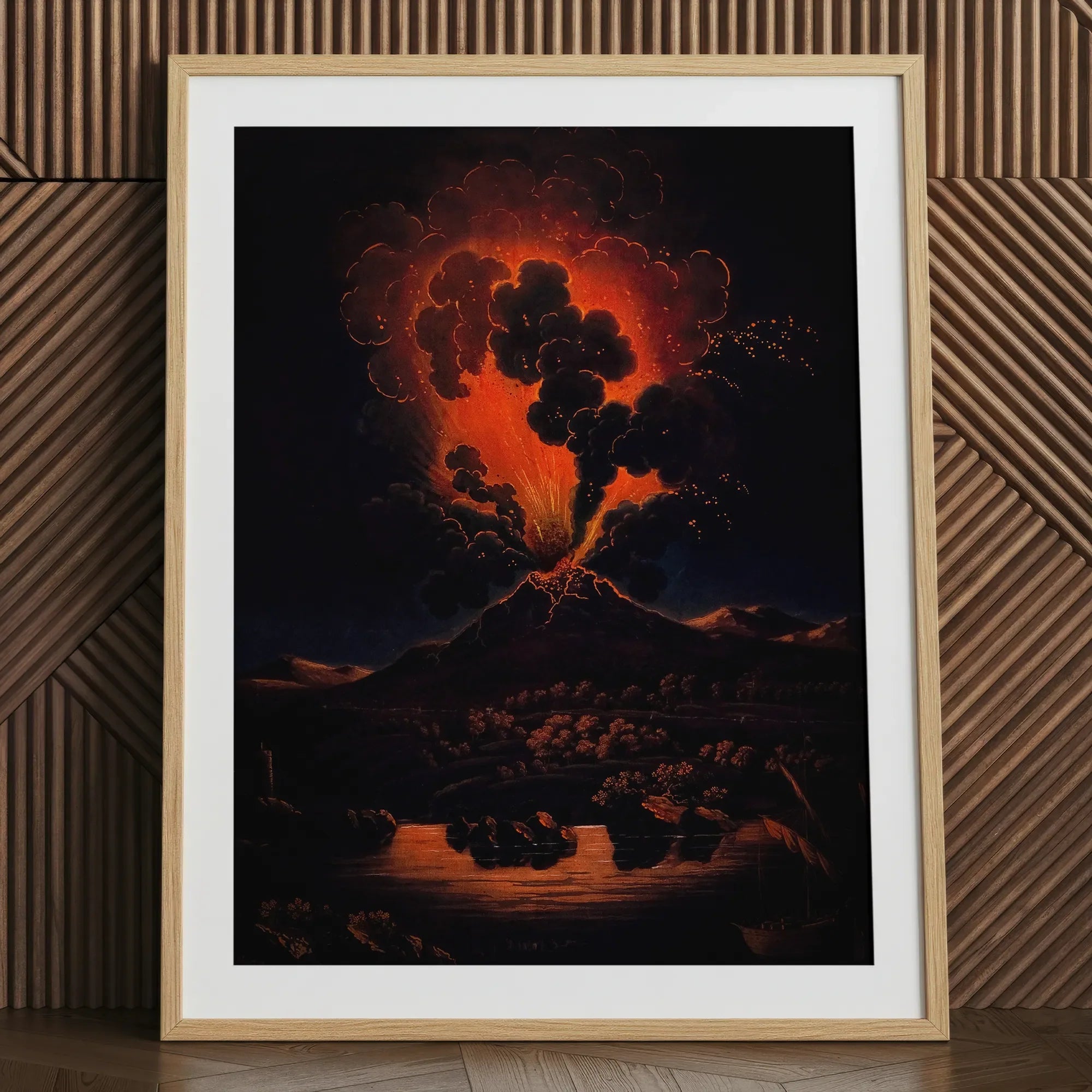 Eruption of Mount Etna at Night - f Weber Art Print, 24x32’’ / 61x81cm / Natural Frame / 2’’ Matboard, Framed Dark Landscape Painting