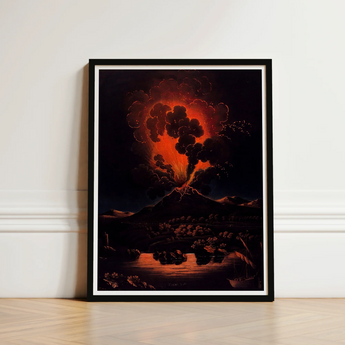 Framed Artwork Dramatic Volcanic Eruption Fiery Orange Black Etna’s Peak, Weber Art Print, Night Opens
