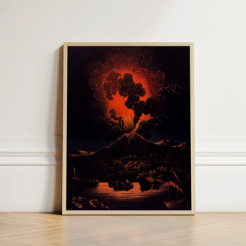 Framed Artwork Dramatic Volcanic Eruption Fiery Orange Black Etna’s Peak, Weber Art Print, Night Opens