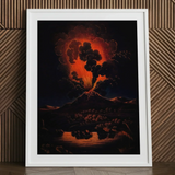 Eruption of Mount Etna at Night - f Weber Art Print / Canvas Framed Painting Volcanic Eruption Night Molten Lava Dark Etna’s Peak, Weber