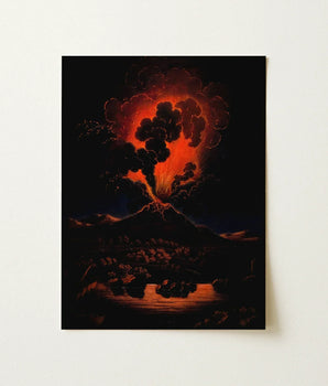 Rectangular Framed Artwork Dramatic Volcanic Eruption Fiery Orange Etna’s Peak, Weber Art Print, Night Opens