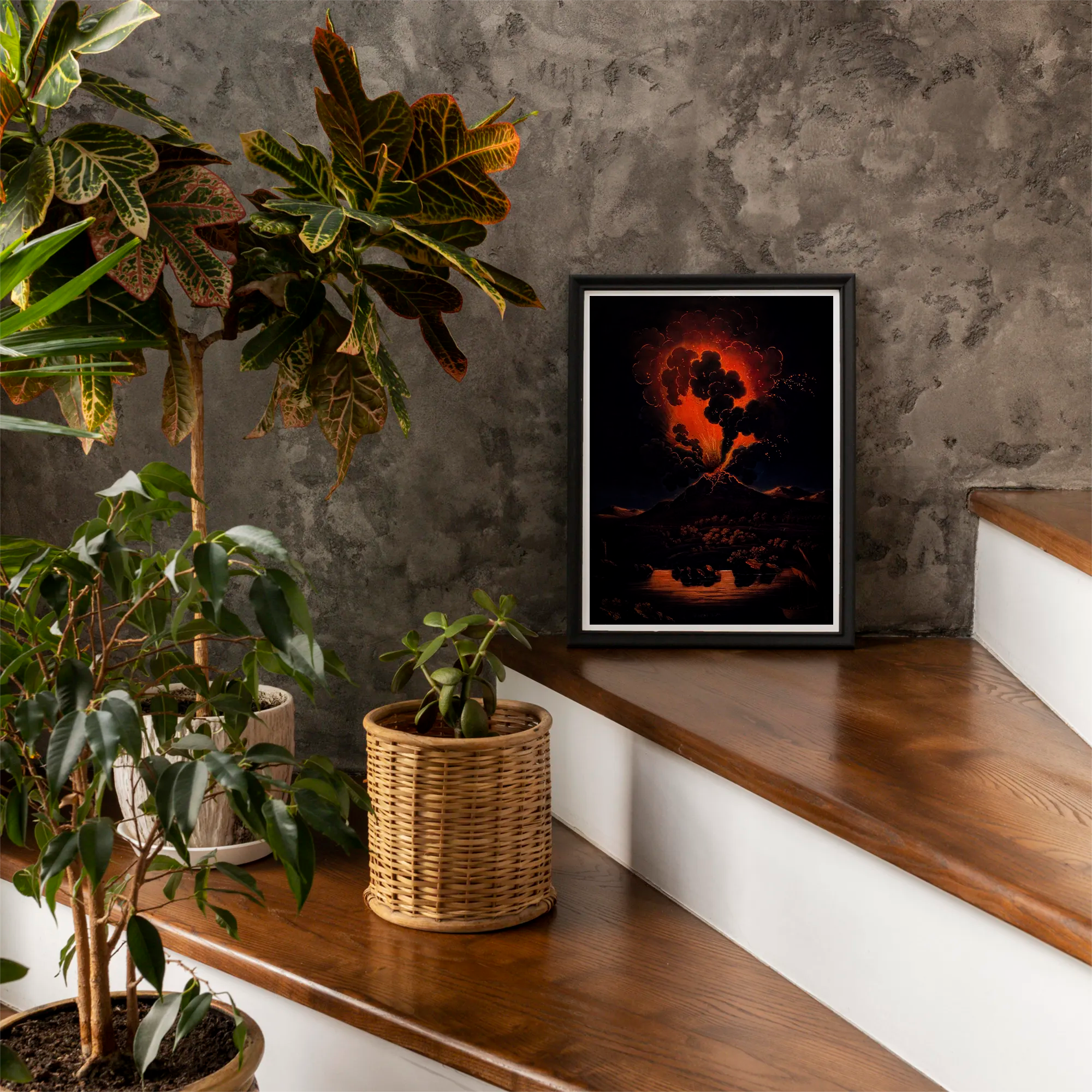 Eruption of Mount Etna at Night - f Weber Art Print, Framed Artwork Volcanic Eruption