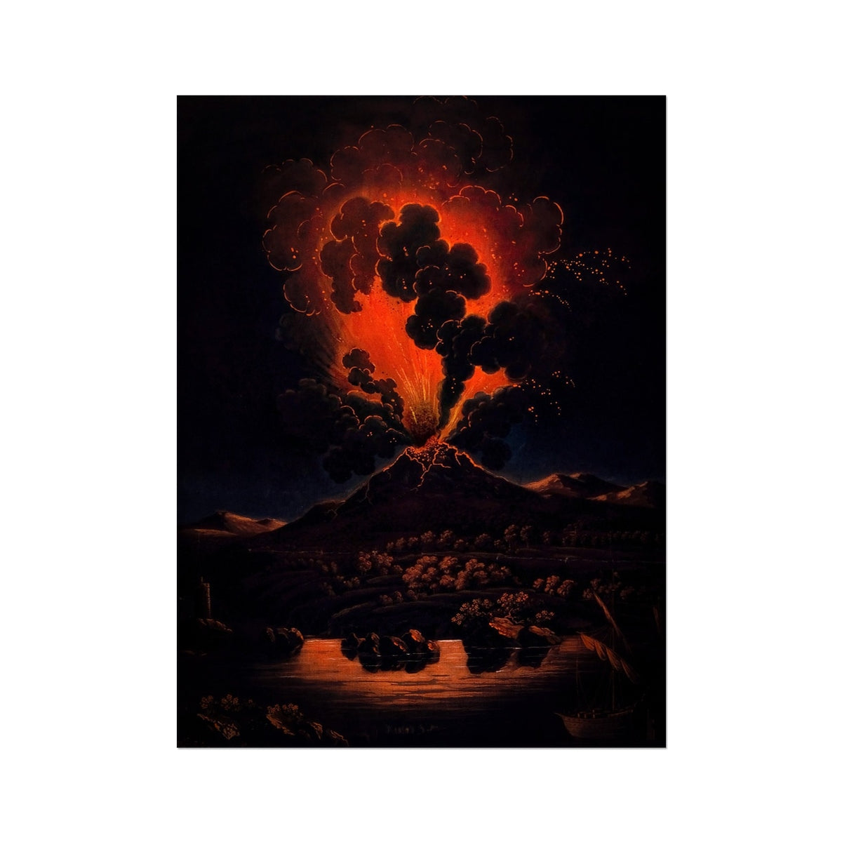 Eruption of Mount Etna at Night - f Weber Art Print, Vibrant Painting Volcanic Eruption Night Molten Lava Smoke