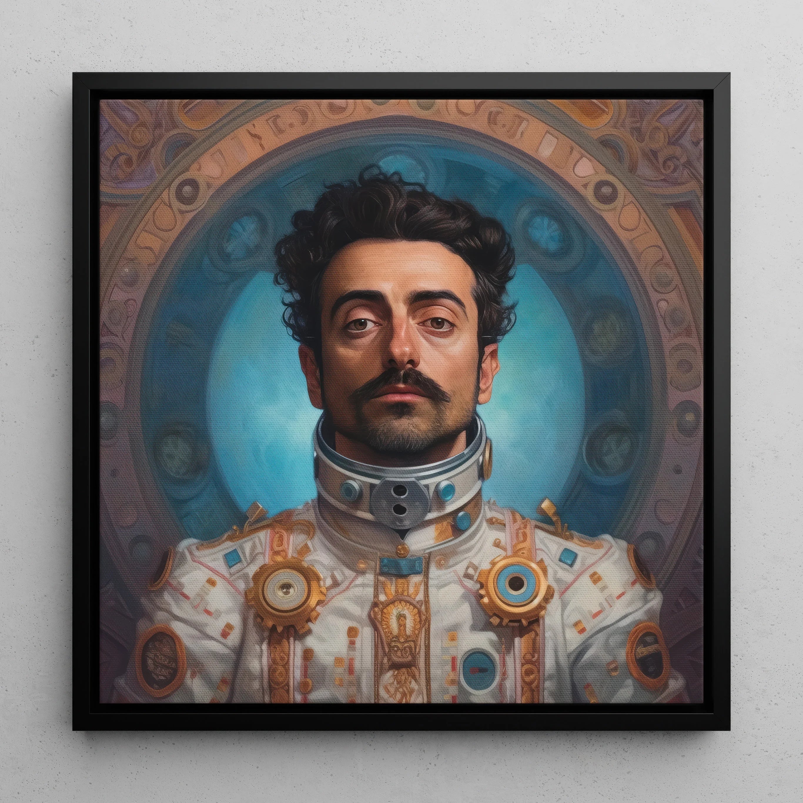 Eskandar - Arabic Gay Astronaut Framed Canvas, 12x12’’ / 31x31cm / Black Floating Frame, Portrait Man Curly Dark Hair Mustache Ornate White