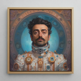 Eskandar - Arabic Gay Astronaut Framed Canvas, 12x12’’ / 31x31cm / Natural Floating Frame, Framed Oil Painting Mustachioed Man Futuristic