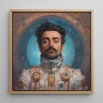 Eskandar - Arabic Gay Astronaut Framed Canvas, 12x12’’ / 31x31cm / Natural Floating Frame, Framed Oil Painting Mustachioed Man Futuristic