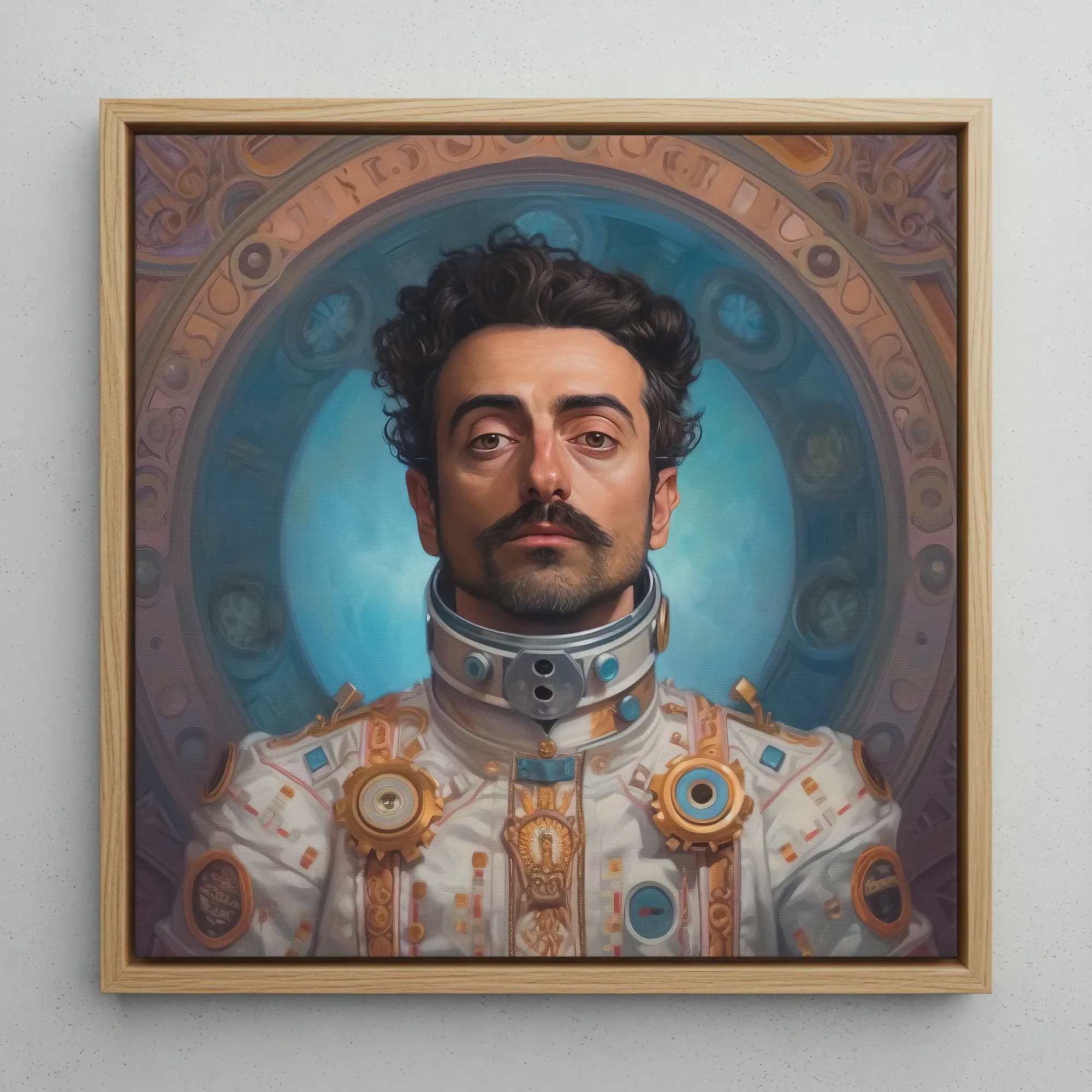 Eskandar - Arabic Gay Astronaut Framed Canvas, 12x12’’ / 31x31cm / Natural Floating Frame, Framed Oil Painting Mustachioed Man Futuristic
