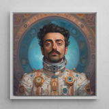 Eskandar - Arabic Gay Astronaut Framed Canvas, 12x12’’ / 31x31cm / White Floating Frame, Framed Portrait Man Futuristic Attire
