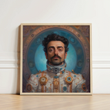 Framed Portrait Man Ornate Futuristic Astronaut Attire Gold Gay Arabic, Aesthetic, Meet Eskandar